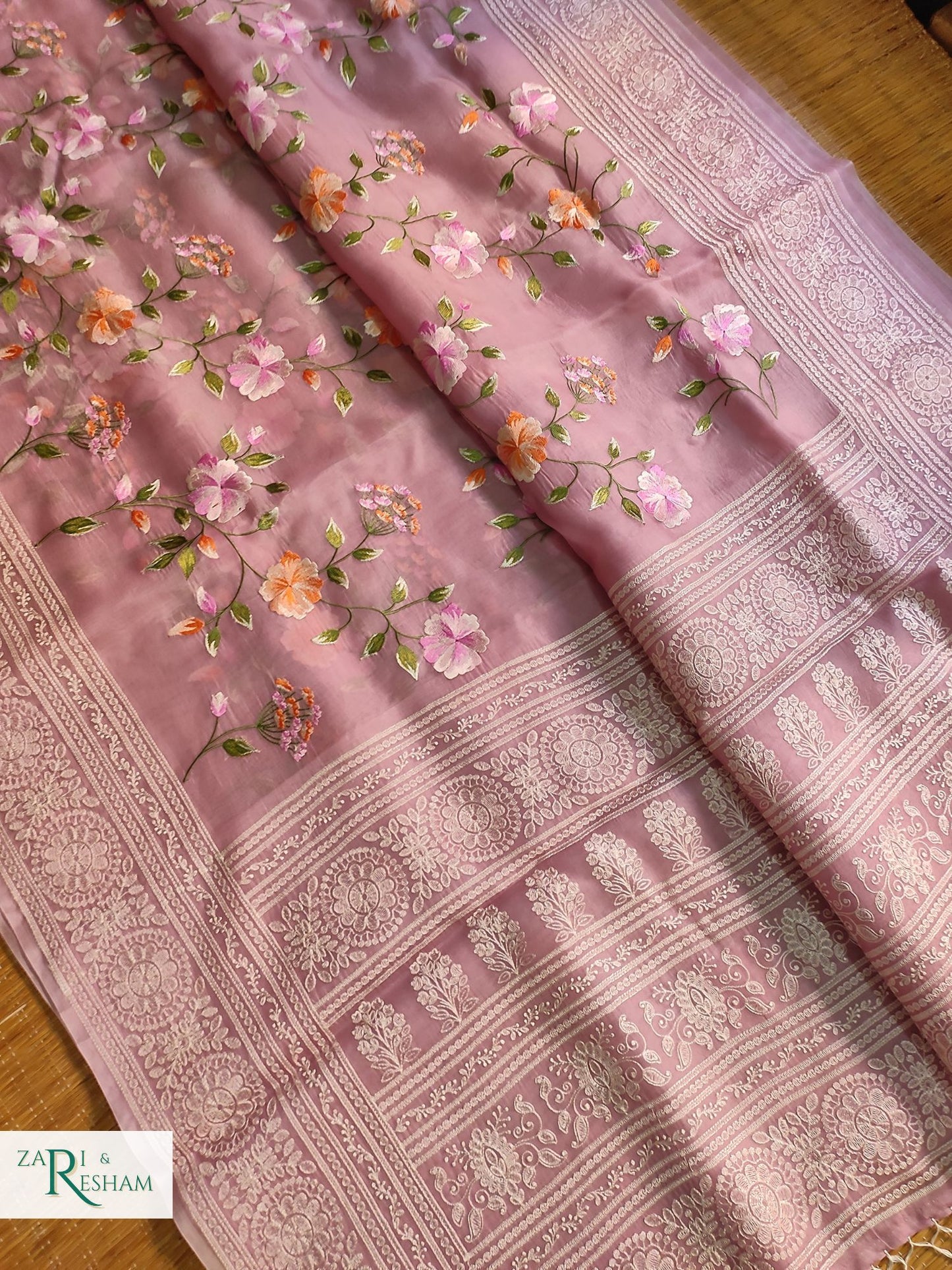 Pure Organza Silk Saree with Heavy Chikankari Floral Jaal Embroidery Work - Dusty Pink