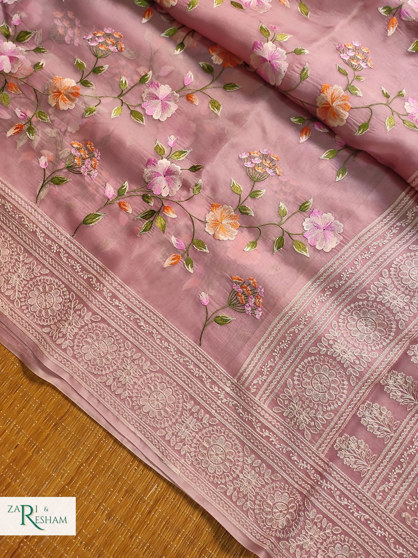 Pure Organza Silk Saree with Heavy Chikankari Floral Jaal Embroidery Work - Dusty Pink