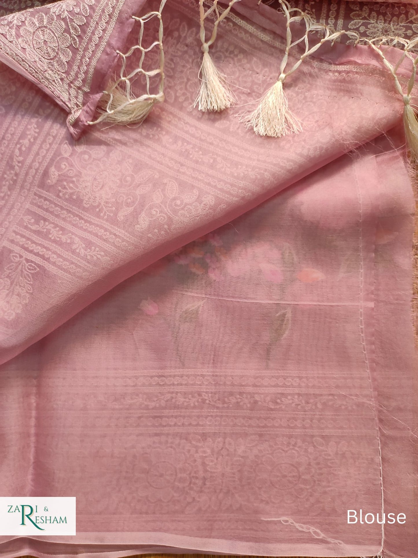 Pure Organza Silk Saree with Heavy Chikankari Floral Jaal Embroidery Work - Dusty Pink