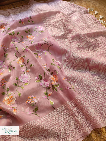 Pure Organza Silk Saree with Heavy Chikankari Floral Jaal Embroidery Work - Dusty Pink