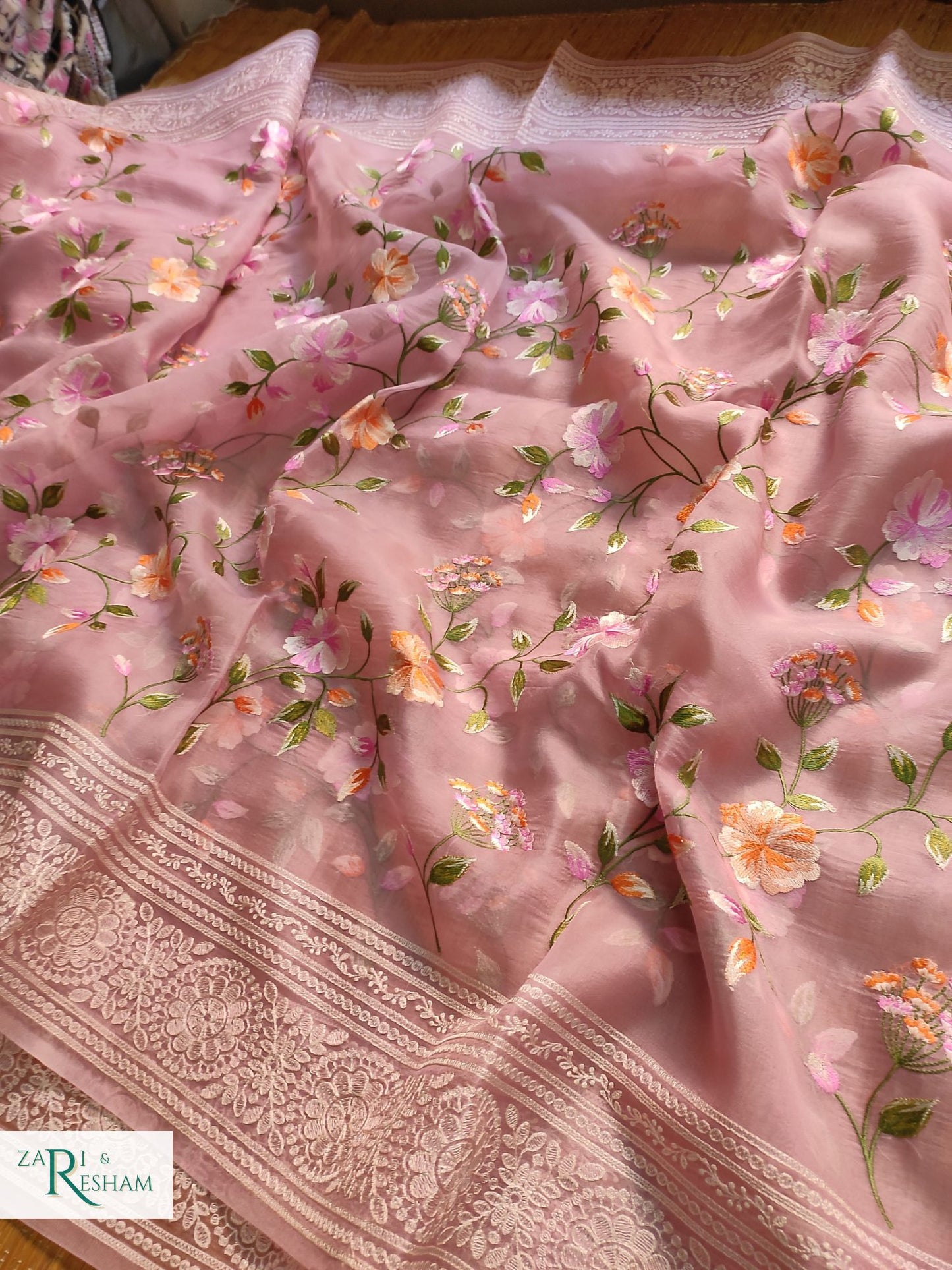 Pure Organza Silk Saree with Heavy Chikankari Floral Jaal Embroidery Work - Dusty Pink