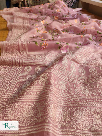 Pure Organza Silk Saree with Heavy Chikankari Floral Jaal Embroidery Work - Dusty Pink