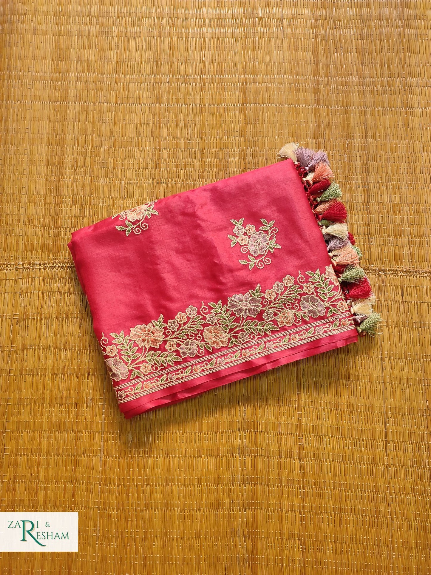 Pure Banarasi Tusser Silk Saree with Floral Multi Embroidery Work - Red