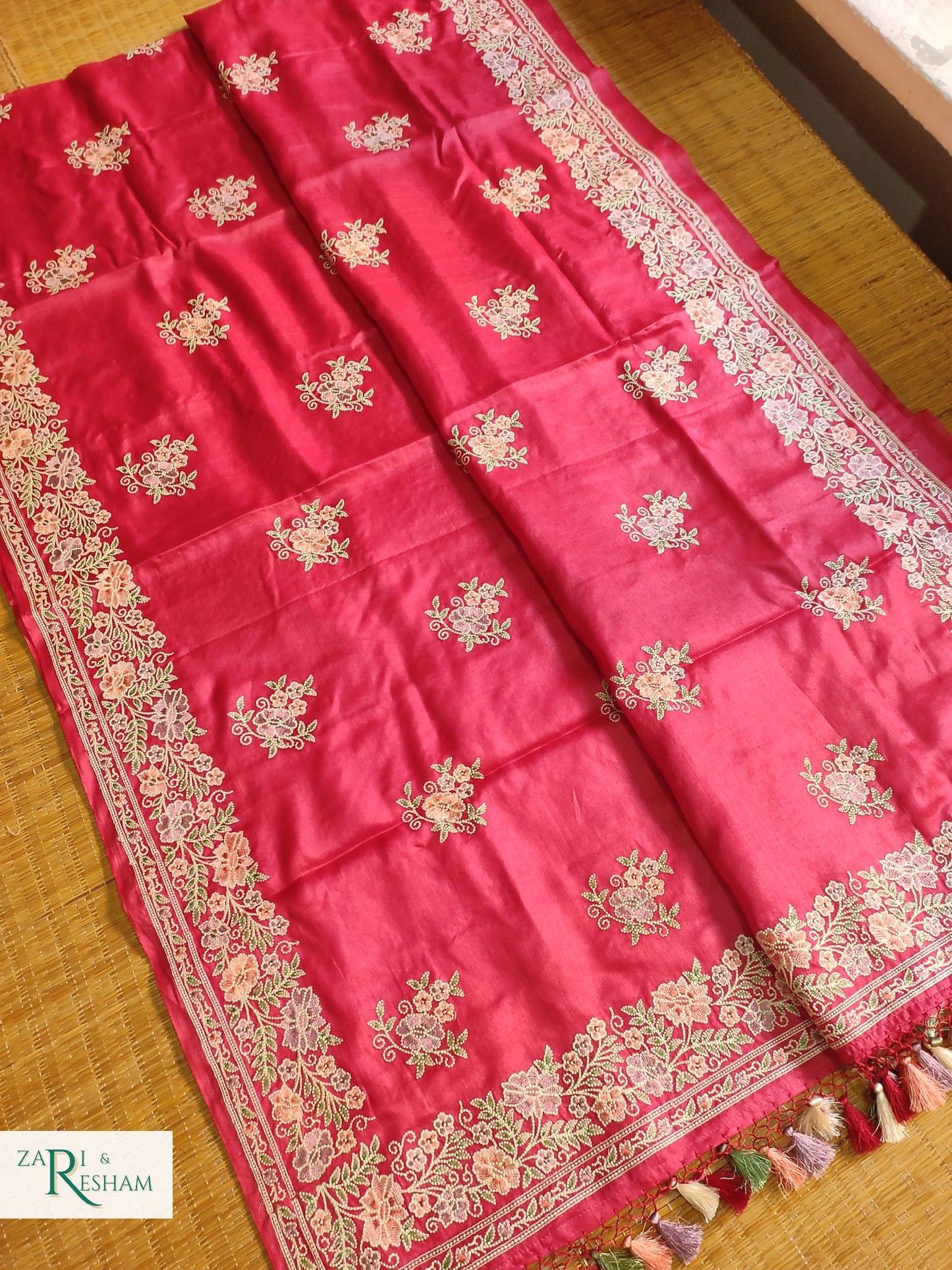 Pure Banarasi Tusser Silk Saree with Floral Multi Embroidery Work - Red