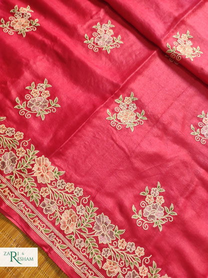 Pure Banarasi Tusser Silk Saree with Floral Multi Embroidery Work - Red