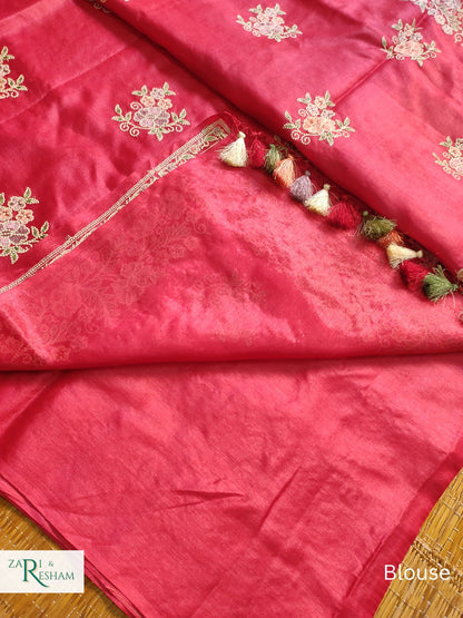 Pure Banarasi Tusser Silk Saree with Floral Multi Embroidery Work - Red