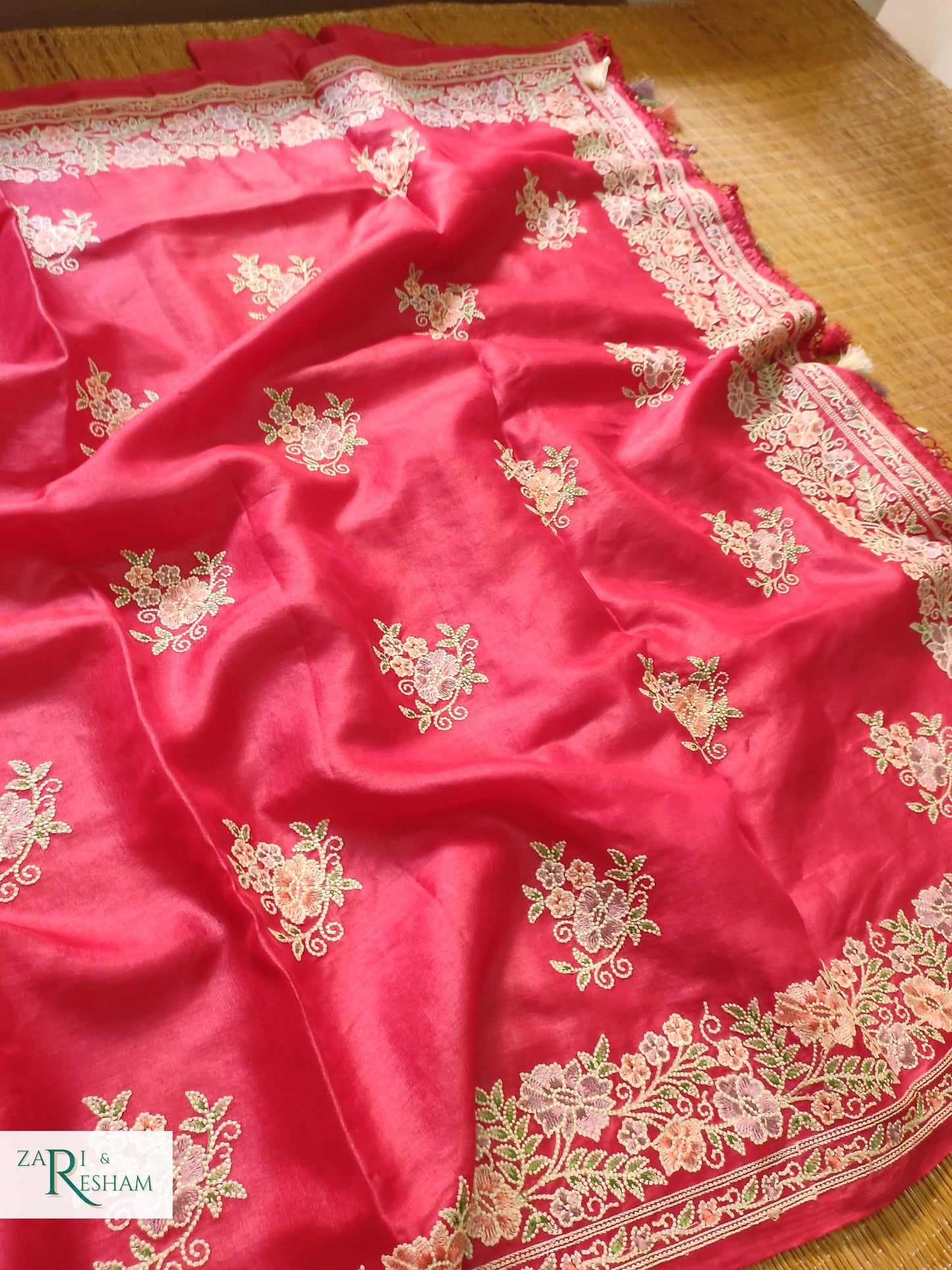 Pure Banarasi Tusser Silk Saree with Floral Multi Embroidery Work - Red