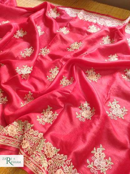 Pure Banarasi Tusser Silk Saree with Floral Multi Embroidery Work - Red