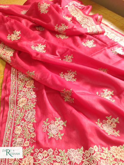 Pure Banarasi Tusser Silk Saree with Floral Multi Embroidery Work - Red