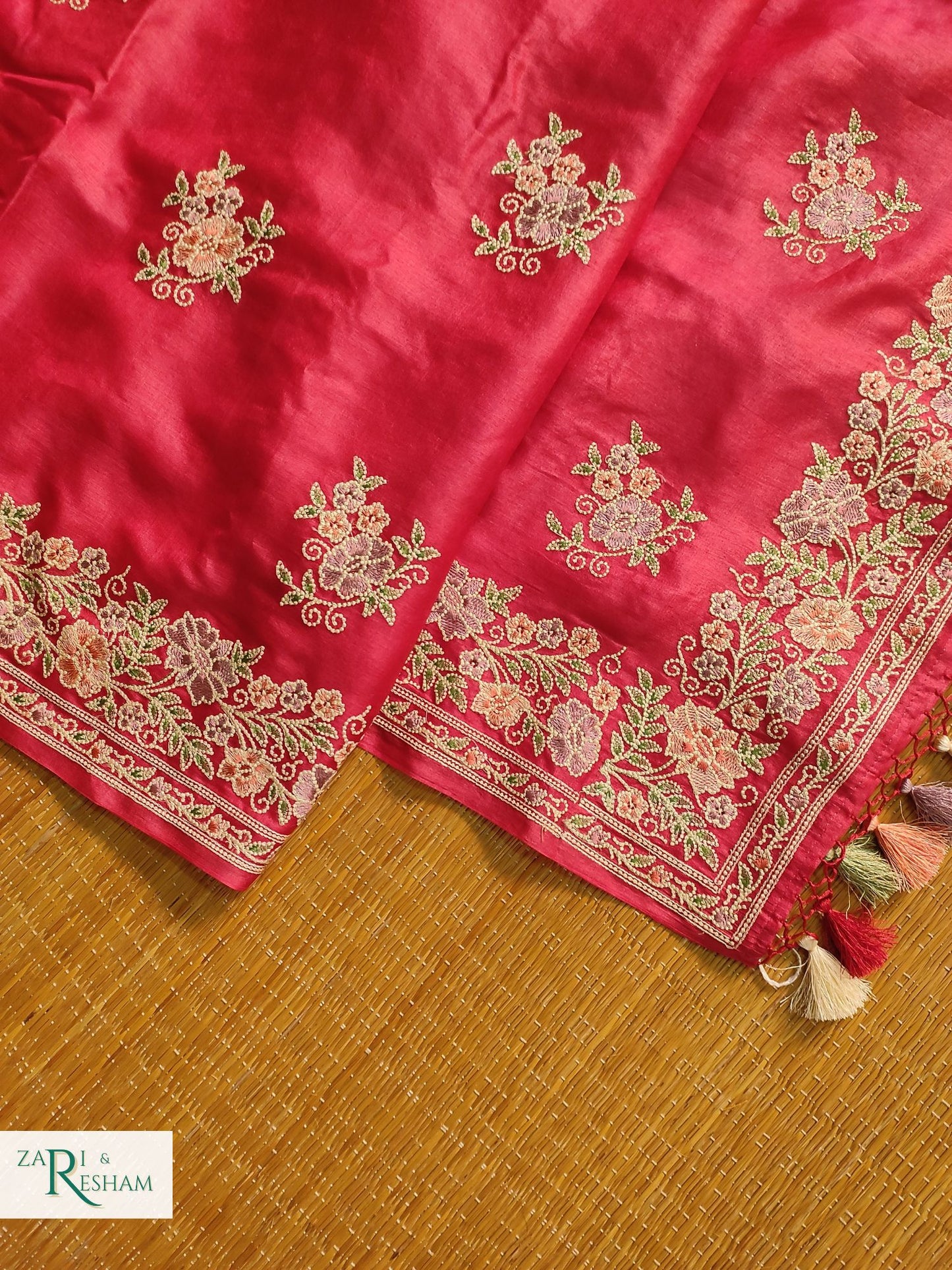 Pure Banarasi Tusser Silk Saree with Floral Multi Embroidery Work - Red