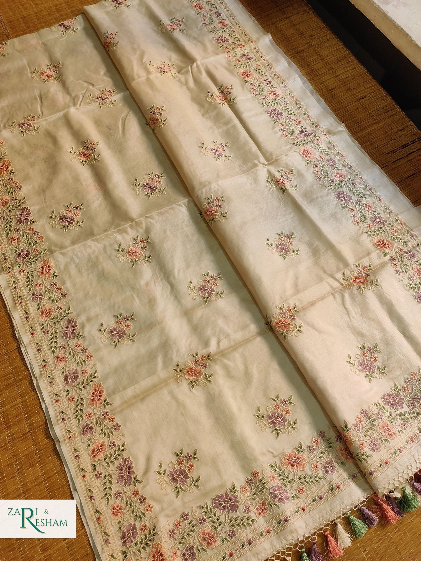 Pure Banarasi Tusser Silk Saree with Floral Multi Embroidery Work - Off White