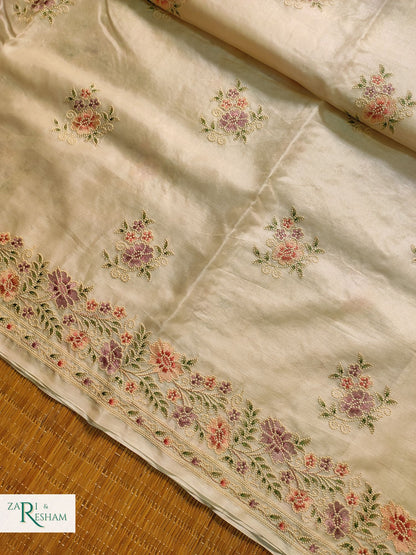 Pure Banarasi Tusser Silk Saree with Floral Multi Embroidery Work - Off White