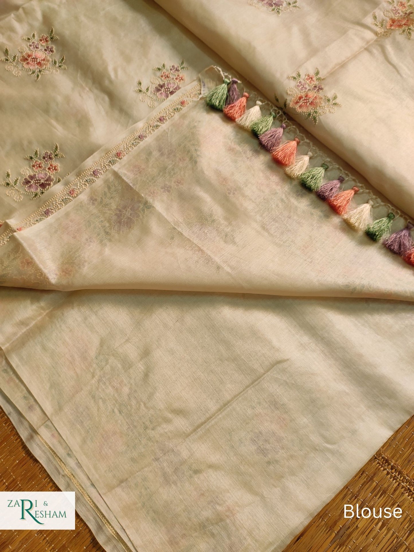 Pure Banarasi Tusser Silk Saree with Floral Multi Embroidery Work - Off White