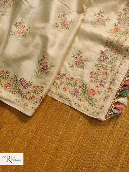 Pure Banarasi Tusser Silk Saree with Floral Multi Embroidery Work - Off White