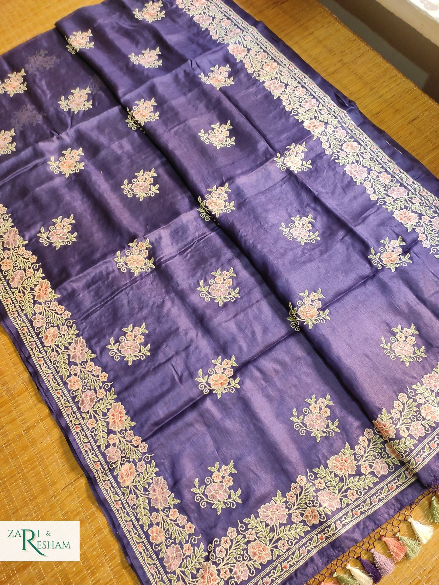 Pure Banarasi Tusser Silk Saree with Floral Multi Embroidery Work - Dark Navy Blue