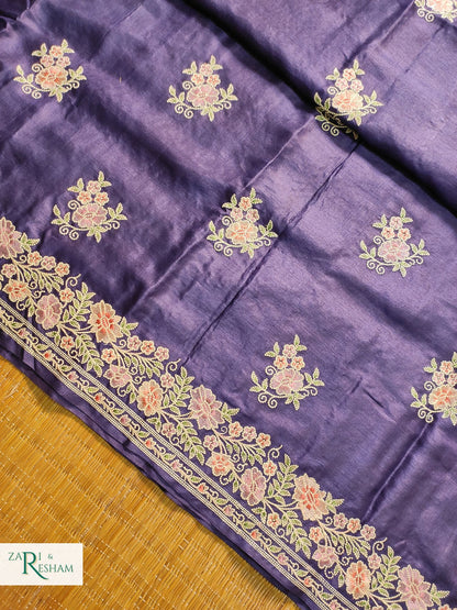 Pure Banarasi Tusser Silk Saree with Floral Multi Embroidery Work - Dark Navy Blue