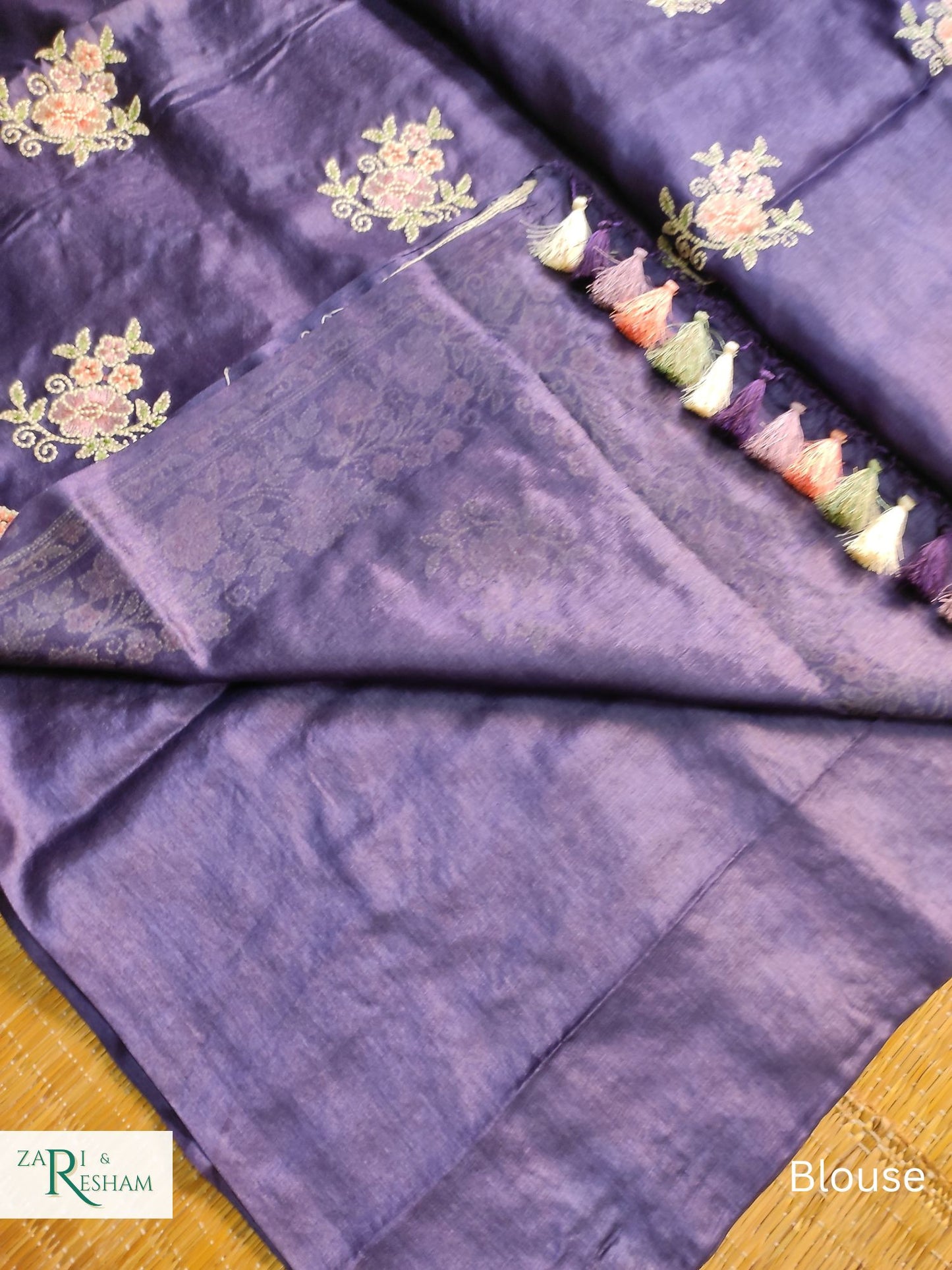 Pure Banarasi Tusser Silk Saree with Floral Multi Embroidery Work - Dark Navy Blue