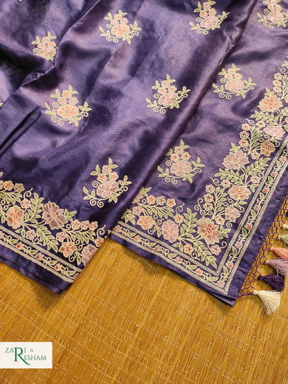 Pure Banarasi Tusser Silk Saree with Floral Multi Embroidery Work - Dark Navy Blue