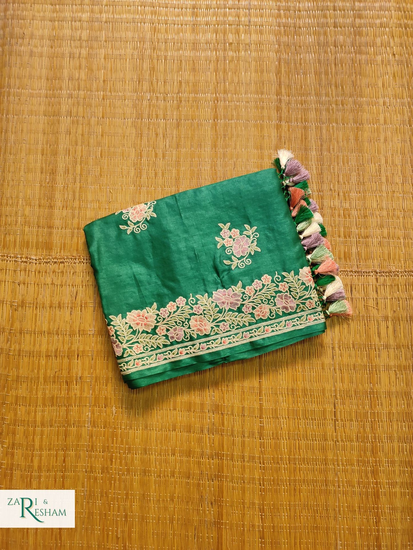 Pure Banarasi Tusser Silk Saree with Floral Multi Embroidery Work - Emerald Green