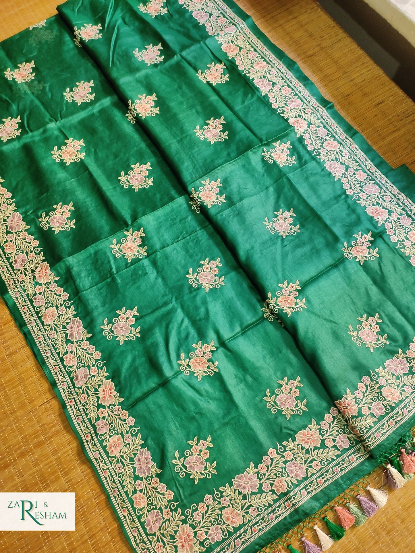 Pure Banarasi Tusser Silk Saree with Floral Multi Embroidery Work - Emerald Green