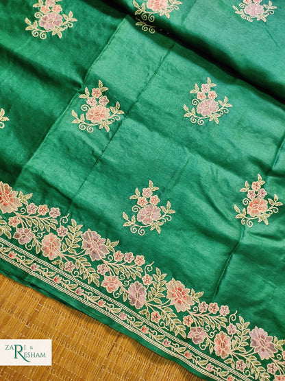 Pure Banarasi Tusser Silk Saree with Floral Multi Embroidery Work - Emerald Green