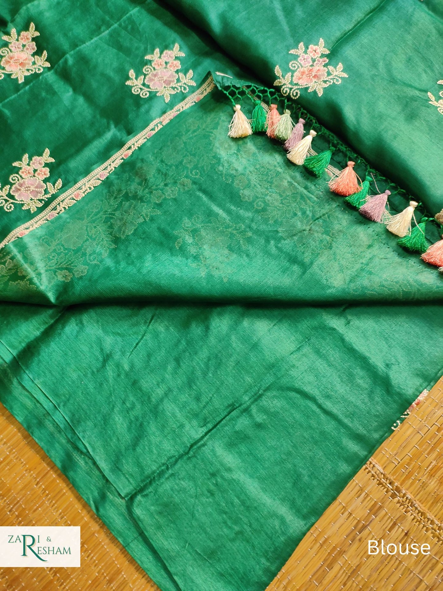 Pure Banarasi Tusser Silk Saree with Floral Multi Embroidery Work - Emerald Green