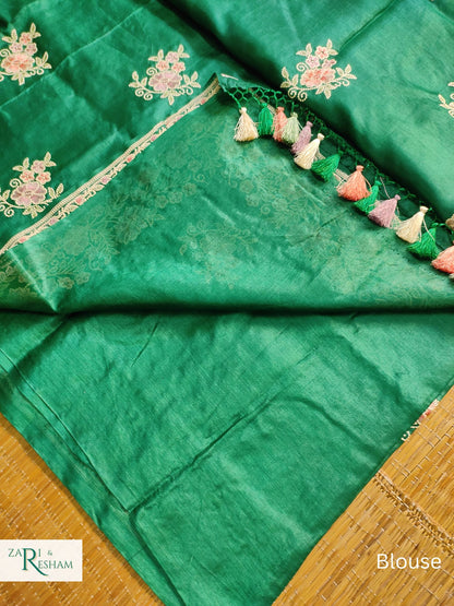 Pure Banarasi Tusser Silk Saree with Floral Multi Embroidery Work - Emerald Green