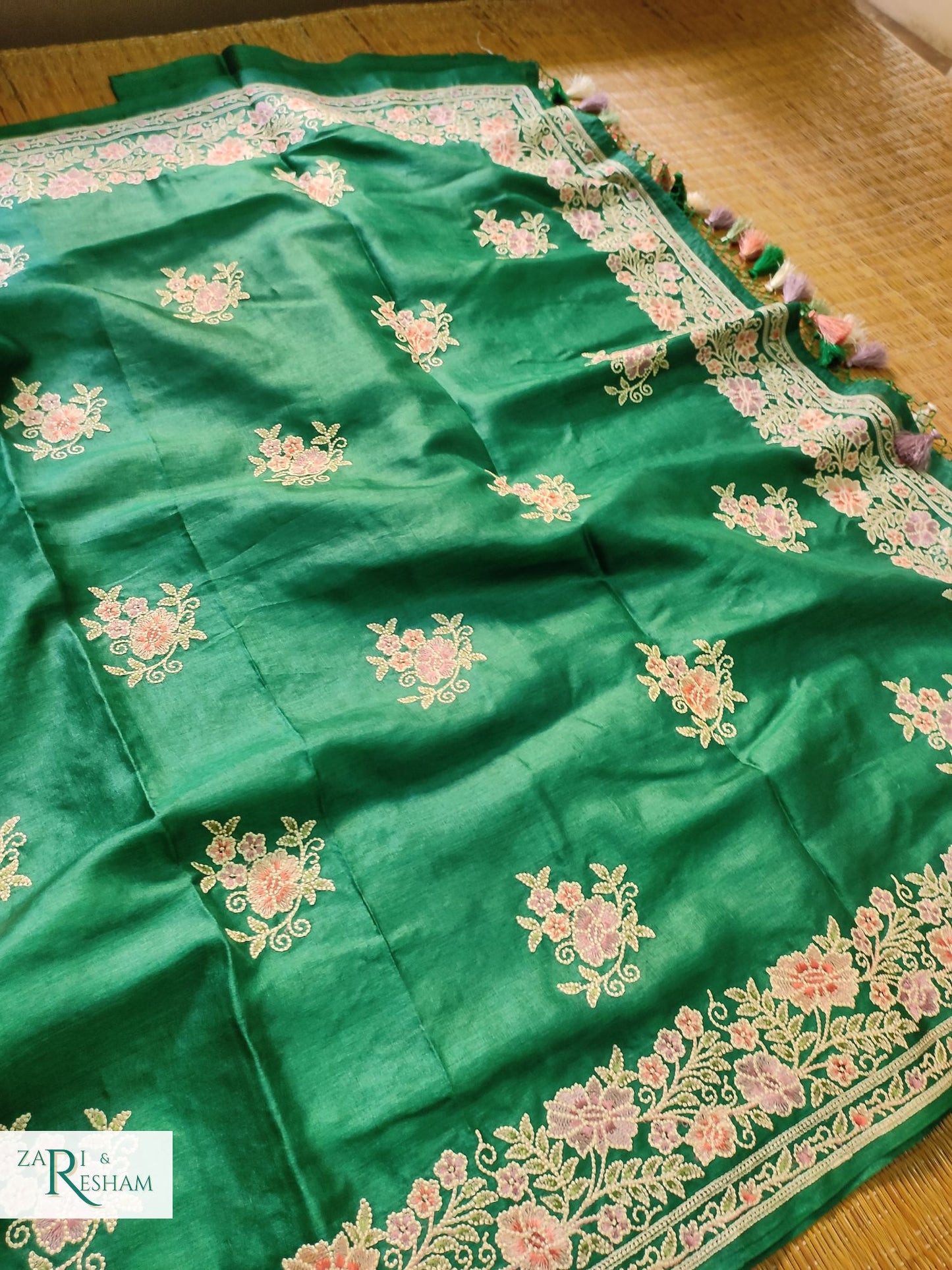 Pure Banarasi Tusser Silk Saree with Floral Multi Embroidery Work - Emerald Green