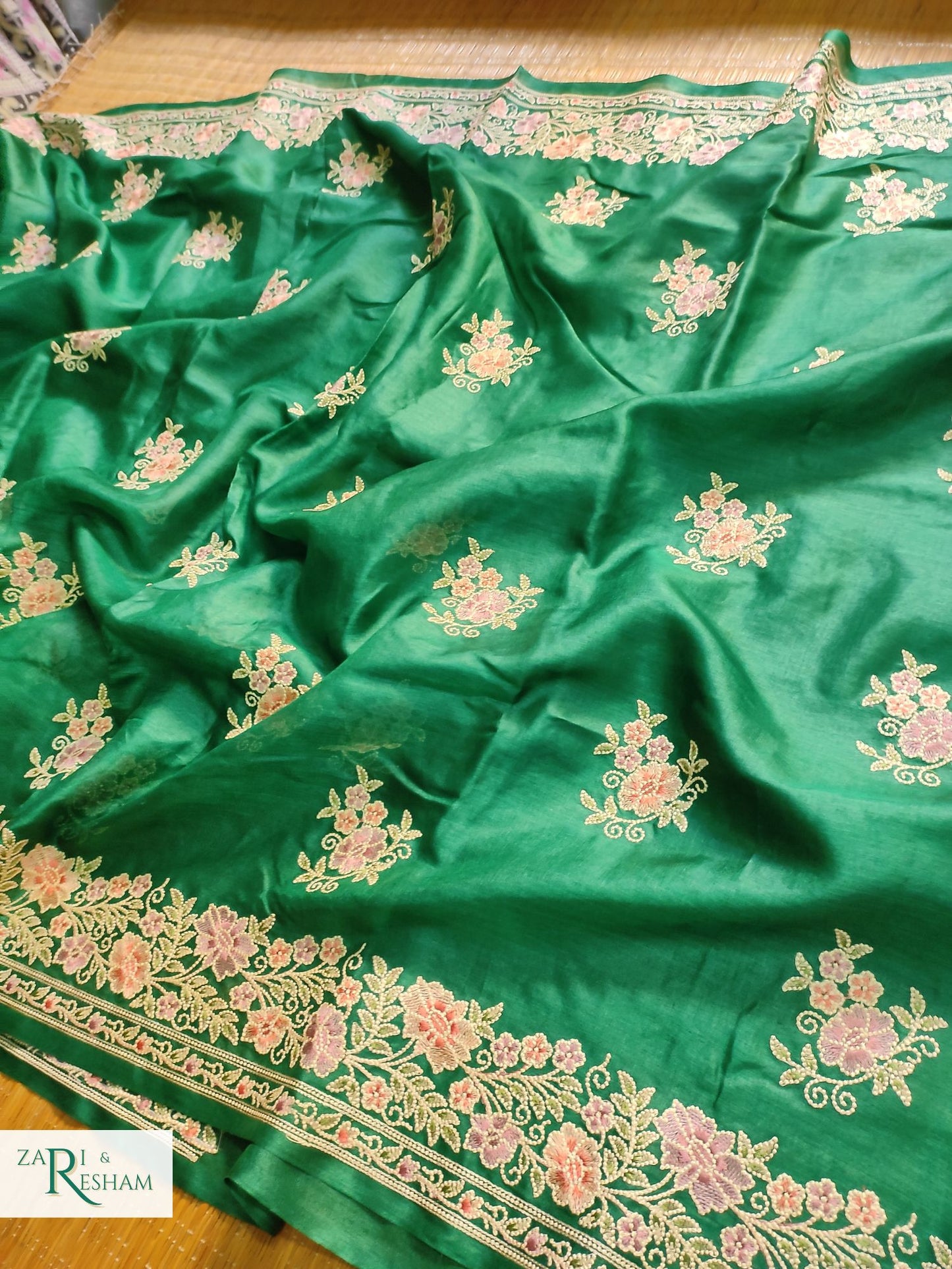 Pure Banarasi Tusser Silk Saree with Floral Multi Embroidery Work - Emerald Green