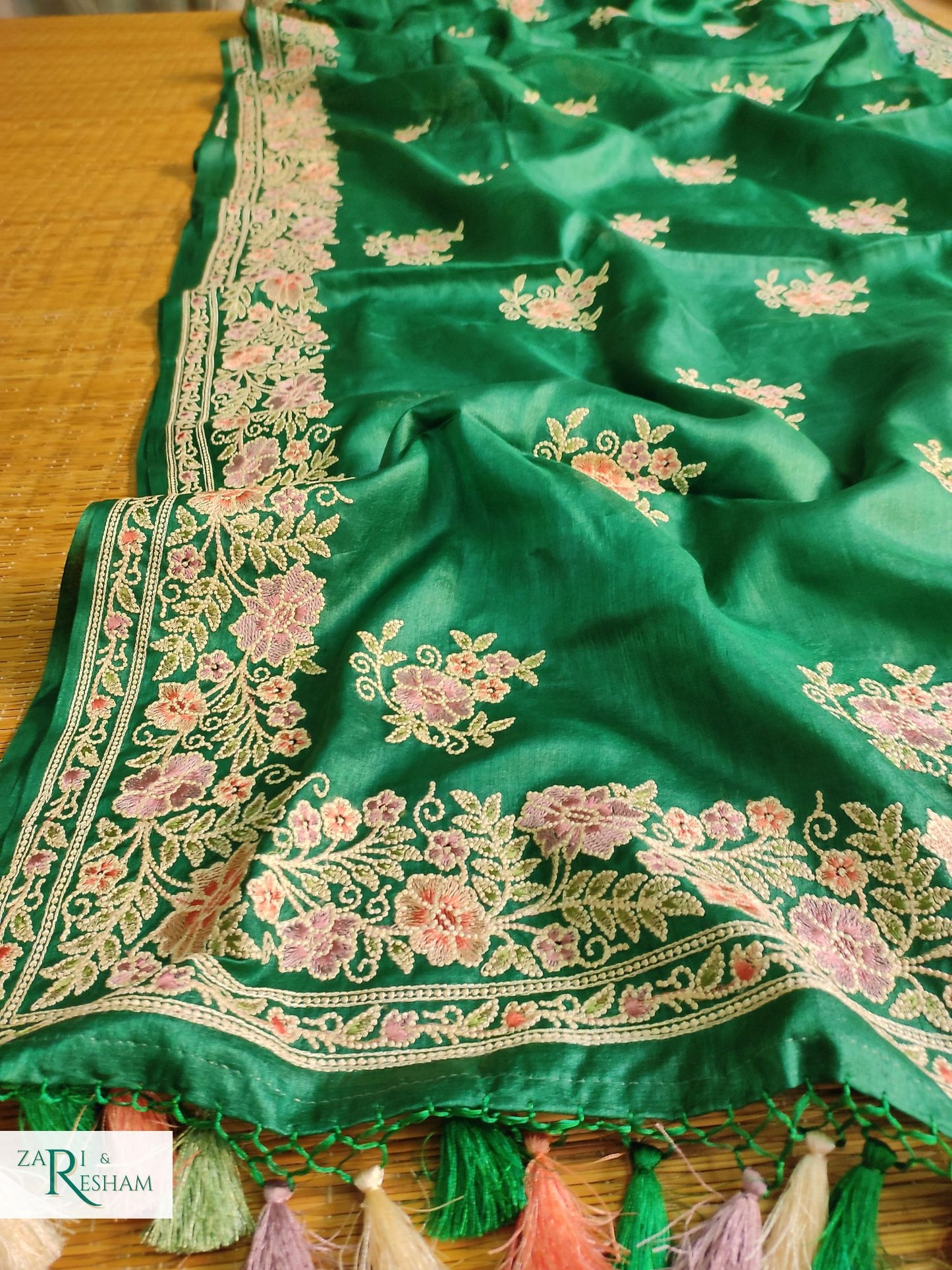 Pure Banarasi Tusser Silk Saree with Floral Multi Embroidery Work - Emerald Green