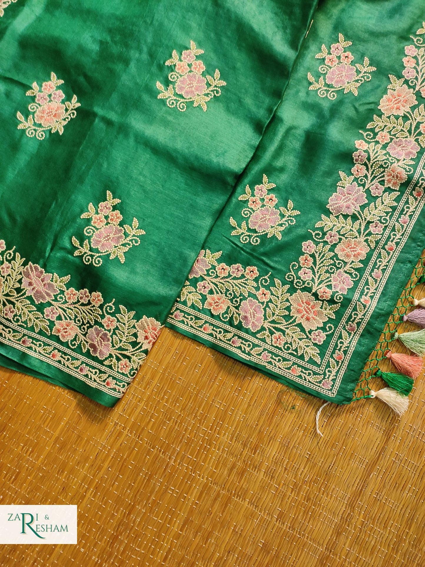 Pure Banarasi Tusser Silk Saree with Floral Multi Embroidery Work - Emerald Green