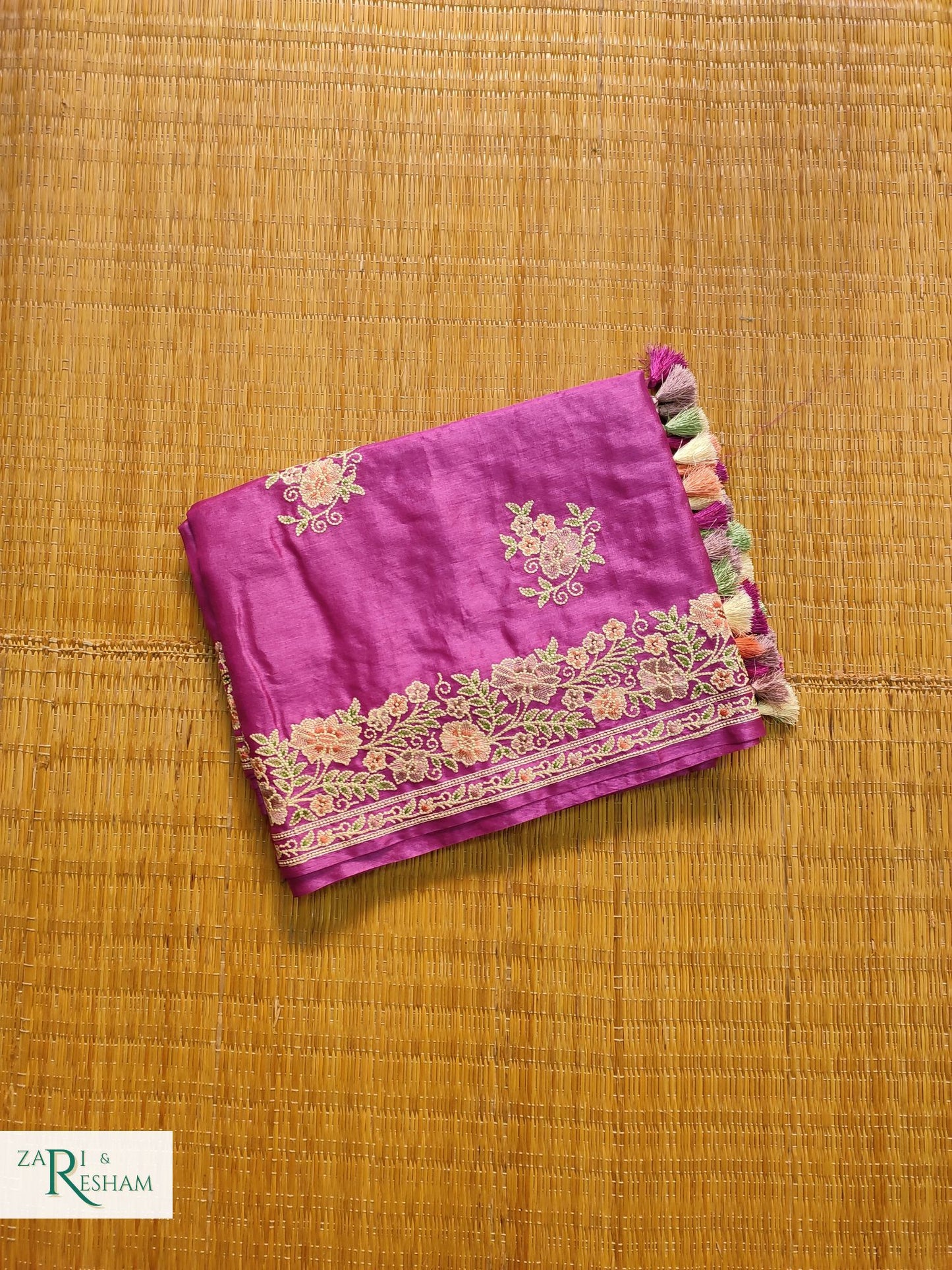 Pure Banarasi Tusser Silk Saree with Floral Multi Embroidery Work - Purple