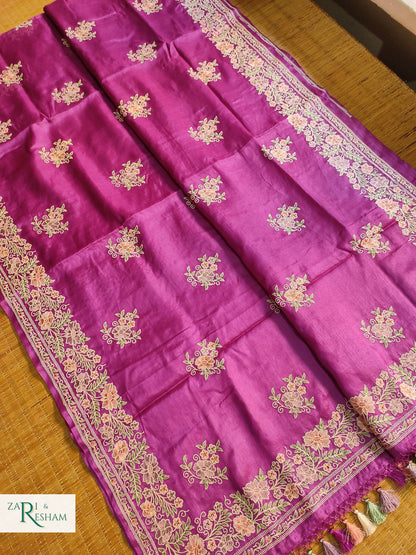 Pure Banarasi Tusser Silk Saree with Floral Multi Embroidery Work - Purple