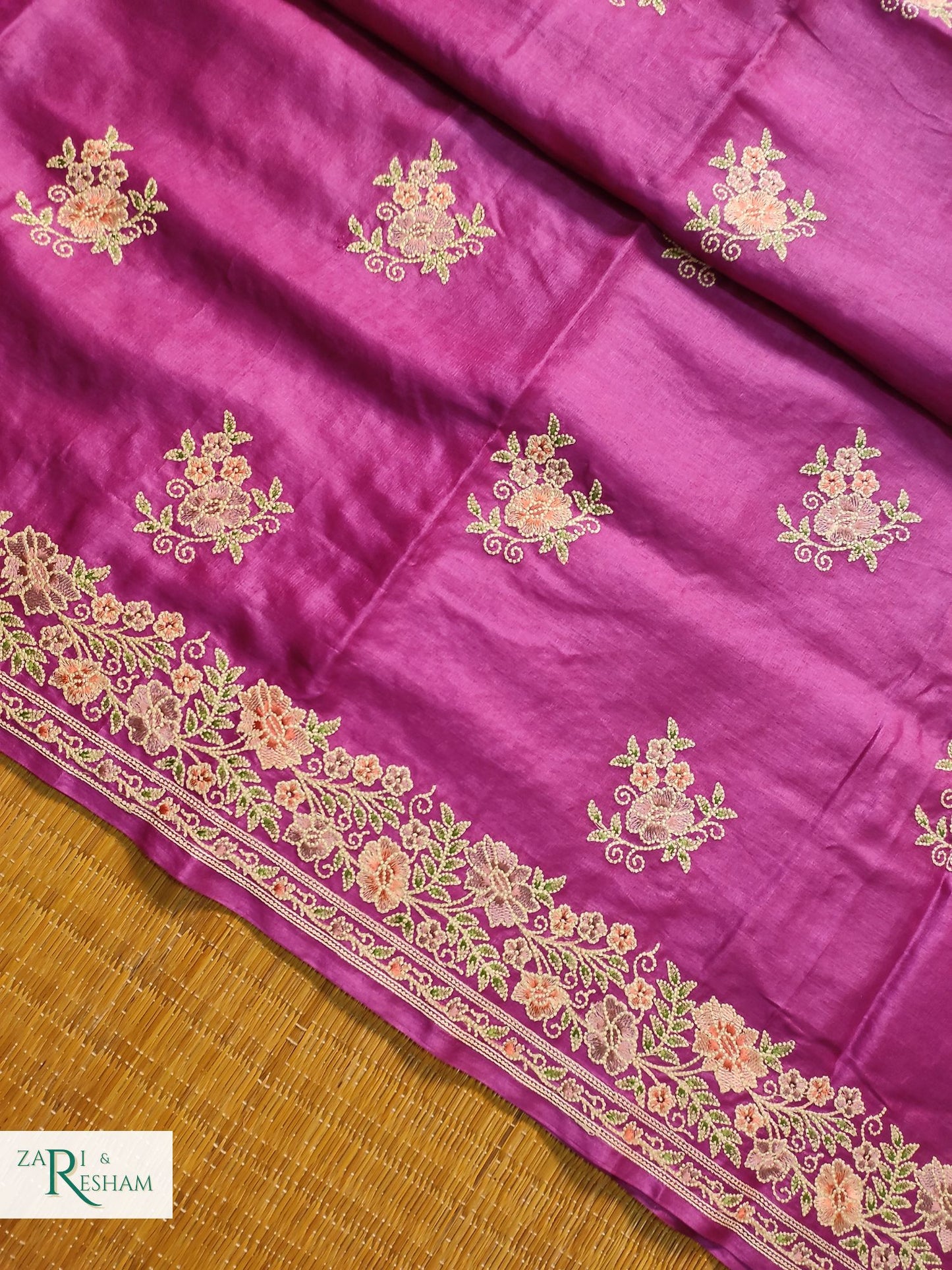 Pure Banarasi Tusser Silk Saree with Floral Multi Embroidery Work - Purple