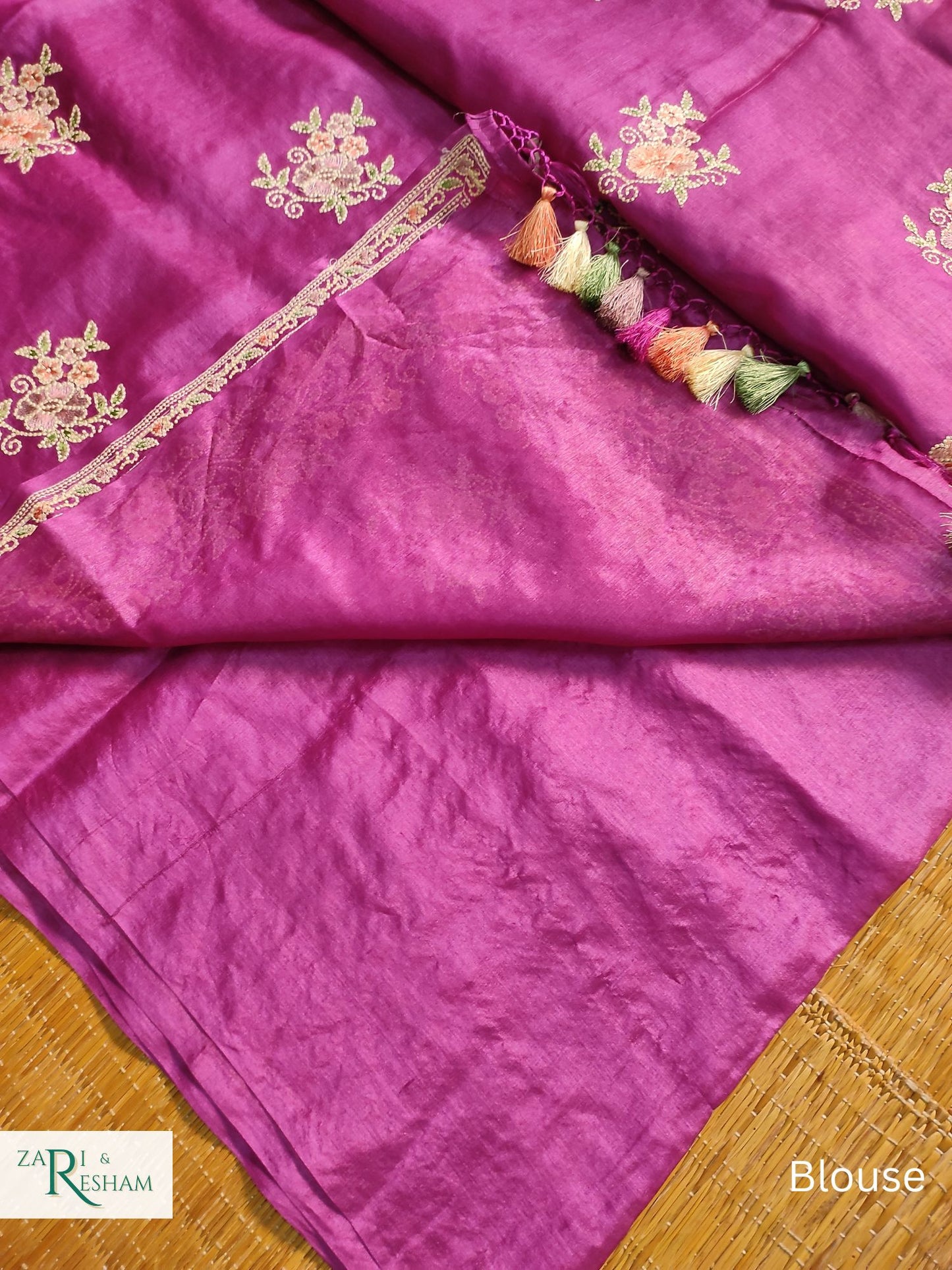 Pure Banarasi Tusser Silk Saree with Floral Multi Embroidery Work - Purple