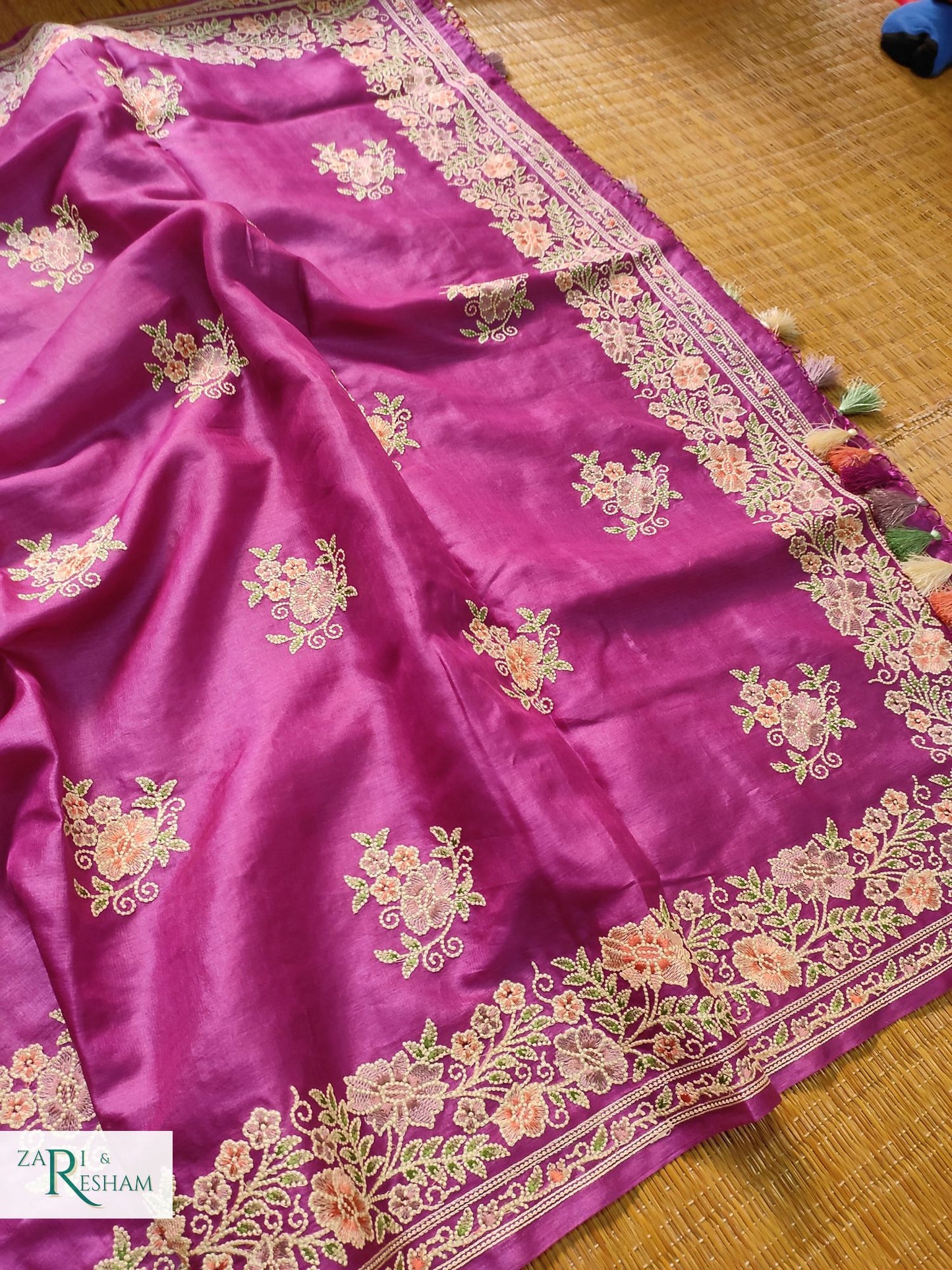 Pure Banarasi Tusser Silk Saree with Floral Multi Embroidery Work - Purple