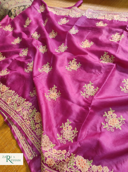 Pure Banarasi Tusser Silk Saree with Floral Multi Embroidery Work - Purple