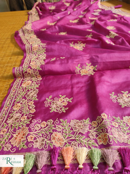 Pure Banarasi Tusser Silk Saree with Floral Multi Embroidery Work - Purple