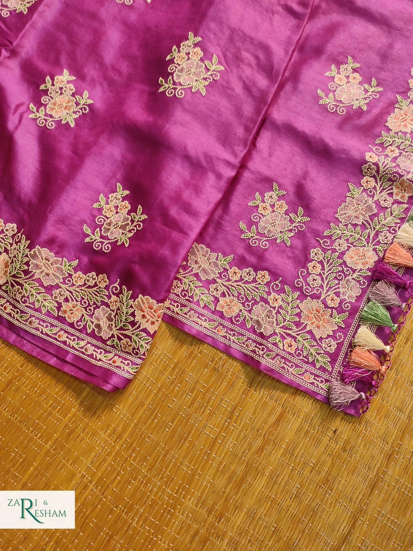 Pure Banarasi Tusser Silk Saree with Floral Multi Embroidery Work - Purple