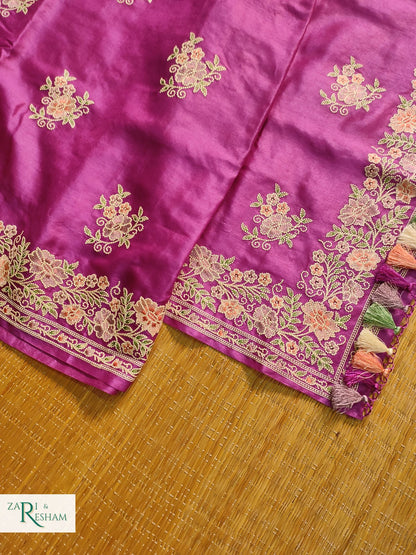 Pure Banarasi Tusser Silk Saree with Floral Multi Embroidery Work - Purple