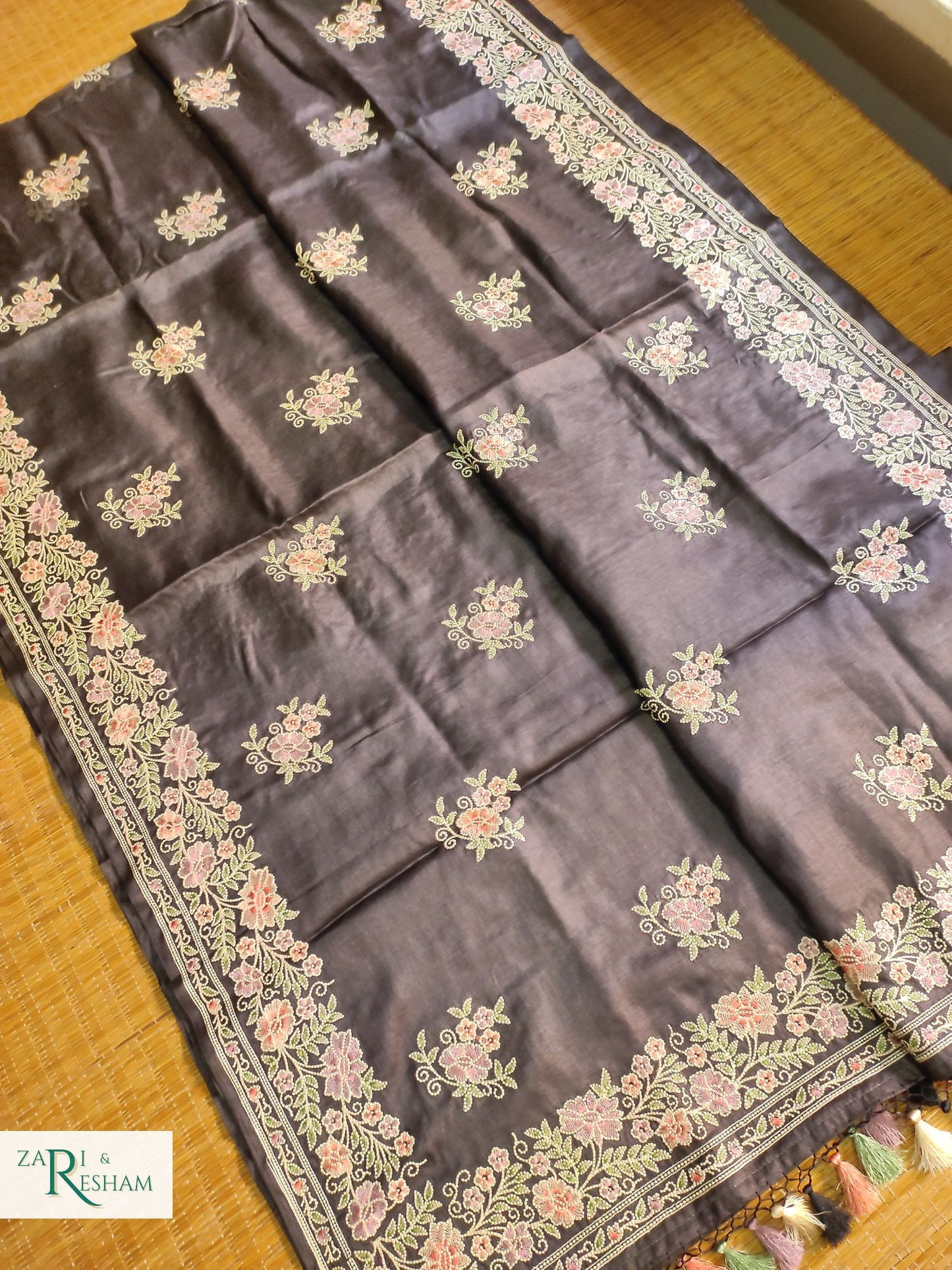 Pure Banarasi Tusser Silk Saree with Floral Multi Embroidery Work - Black