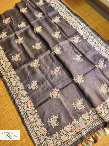 Pure Banarasi Tusser Silk Saree with Floral Multi Embroidery Work - Black