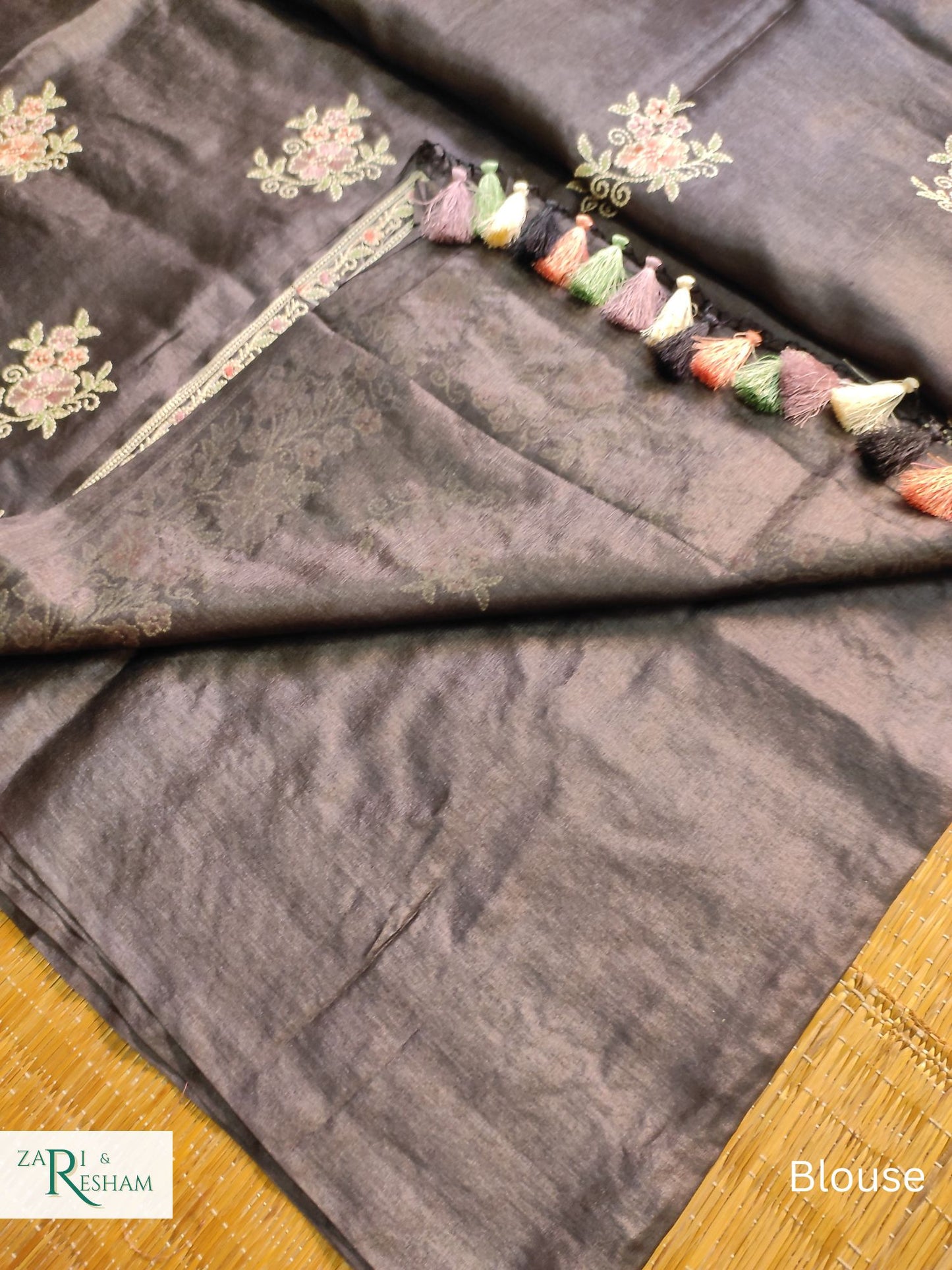 Pure Banarasi Tusser Silk Saree with Floral Multi Embroidery Work - Black