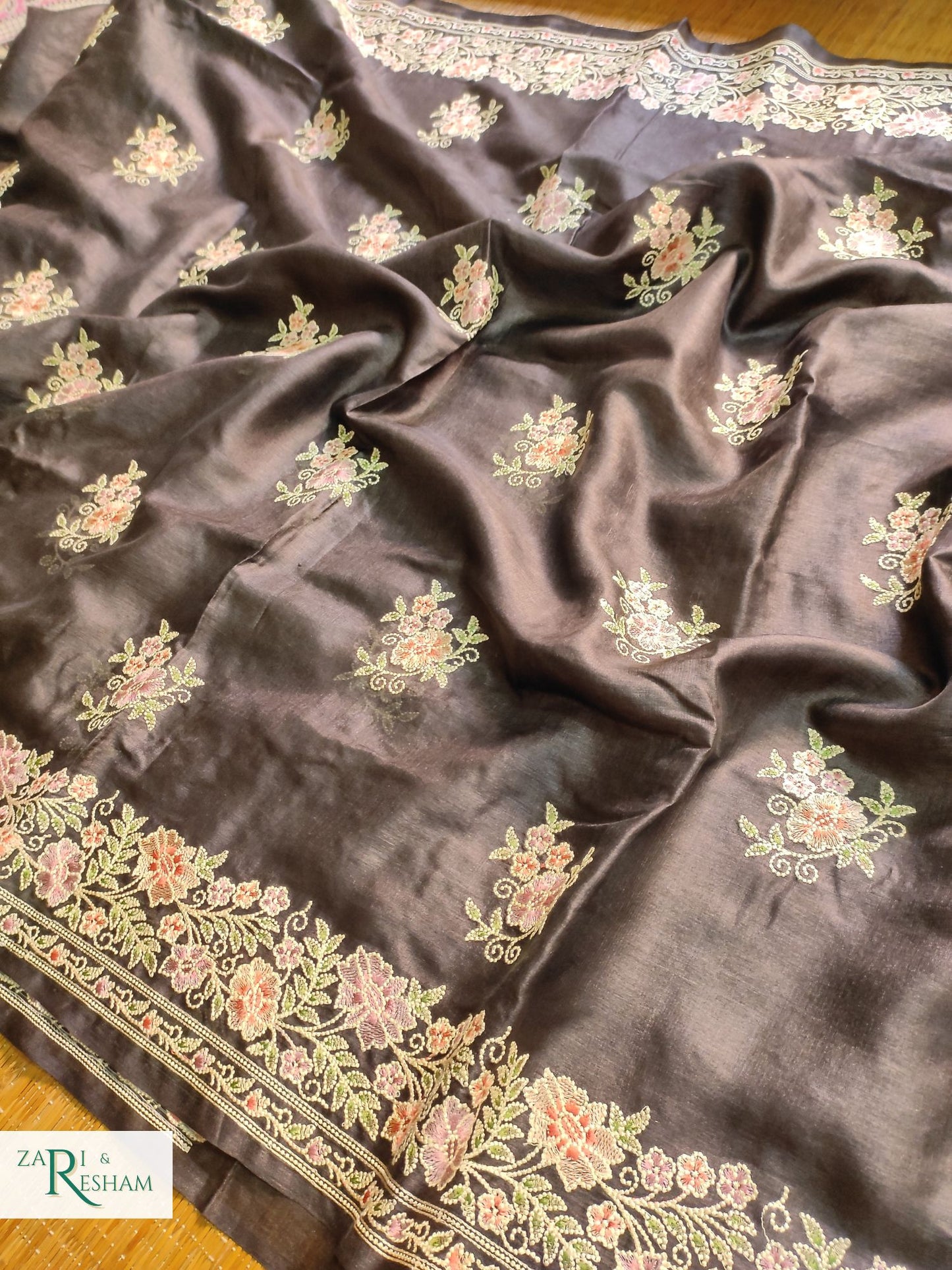 Pure Banarasi Tusser Silk Saree with Floral Multi Embroidery Work - Black