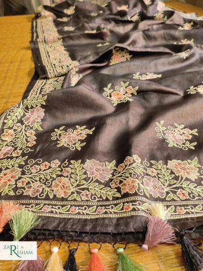 Pure Banarasi Tusser Silk Saree with Floral Multi Embroidery Work - Black