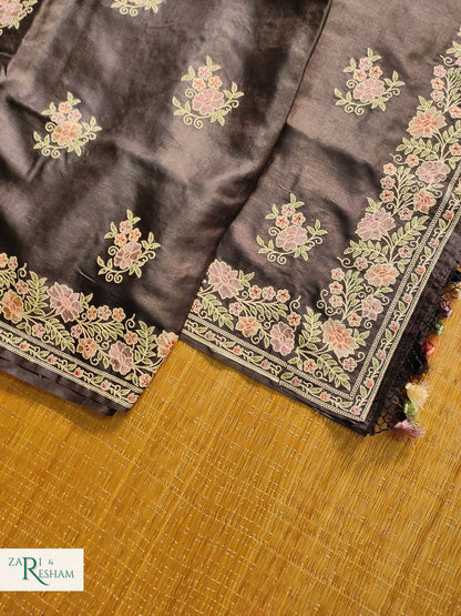 Pure Banarasi Tusser Silk Saree with Floral Multi Embroidery Work - Black