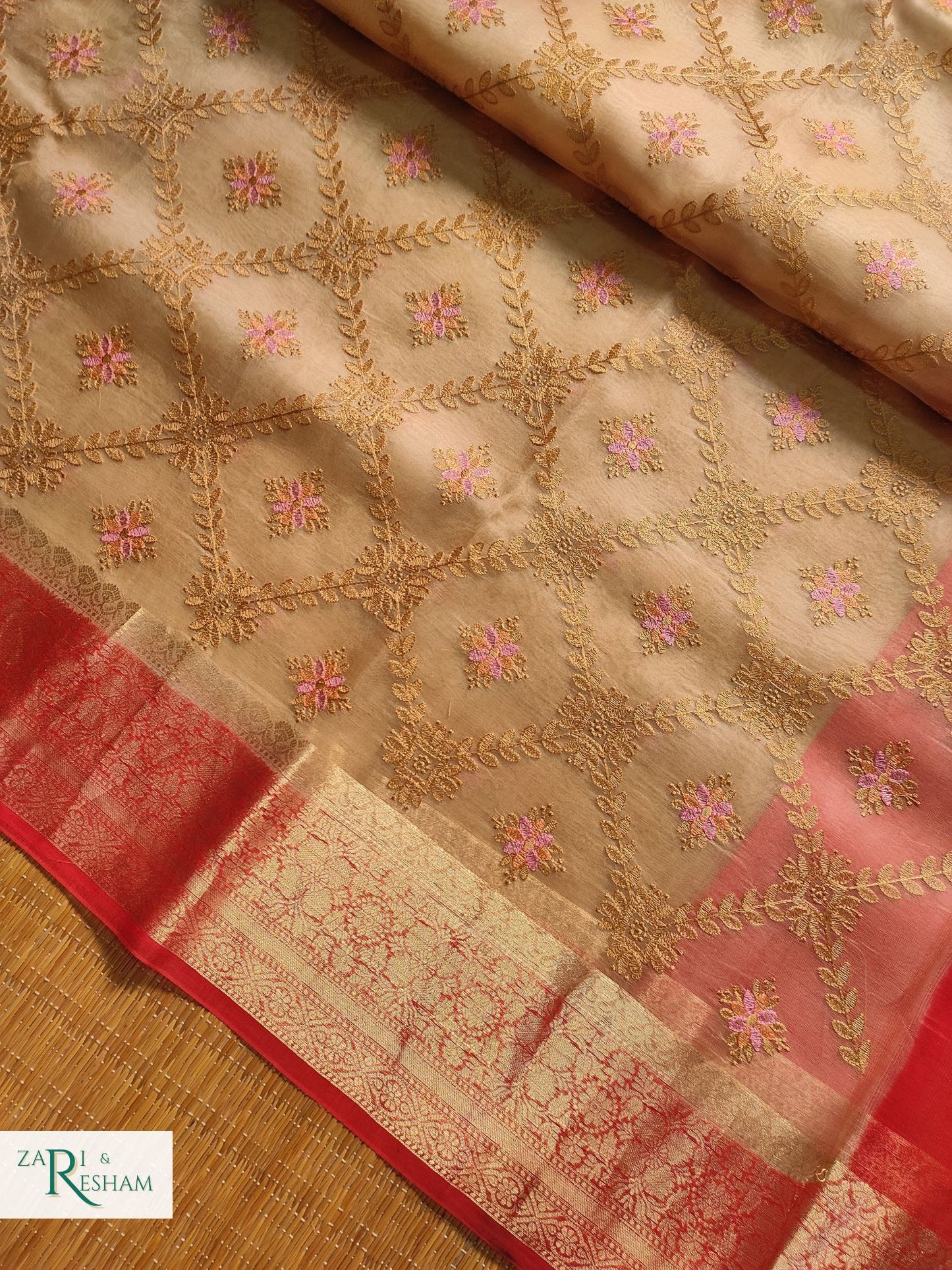 Pure Organza Silk Saree with Banarasi Style Chowkri Chikankari Embroidery Work - Red