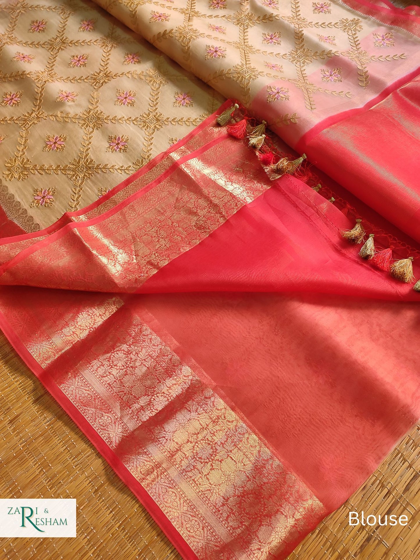 Pure Organza Silk Saree with Banarasi Style Chowkri Chikankari Embroidery Work - Red