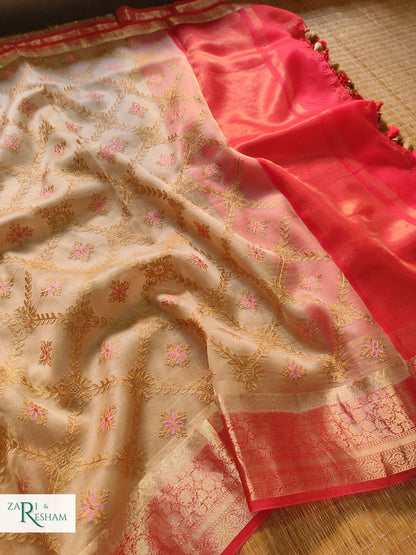 Pure Organza Silk Saree with Banarasi Style Chowkri Chikankari Embroidery Work - Red