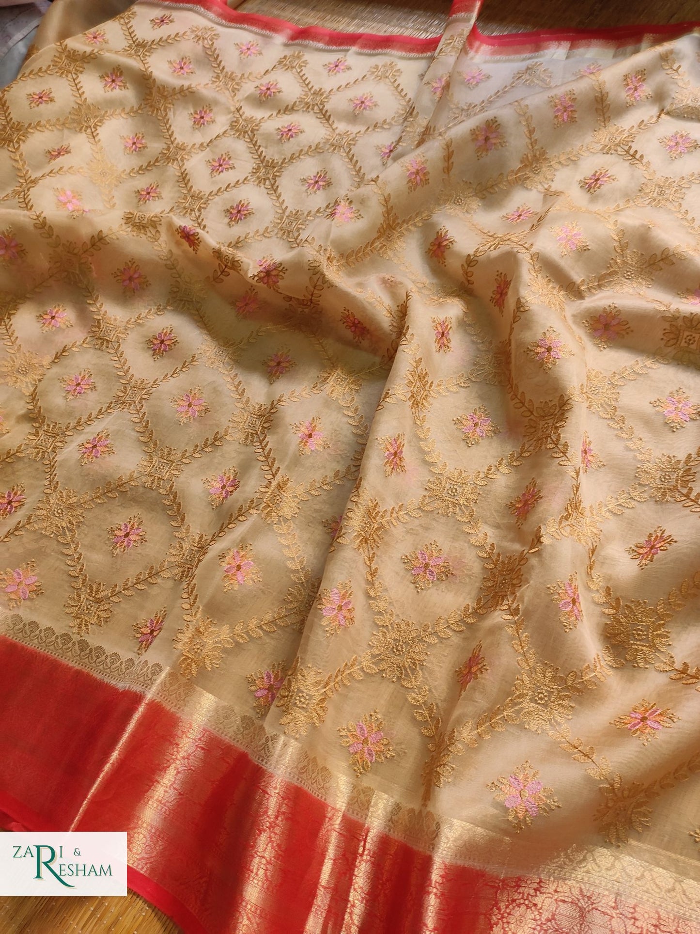 Pure Organza Silk Saree with Banarasi Style Chowkri Chikankari Embroidery Work - Red